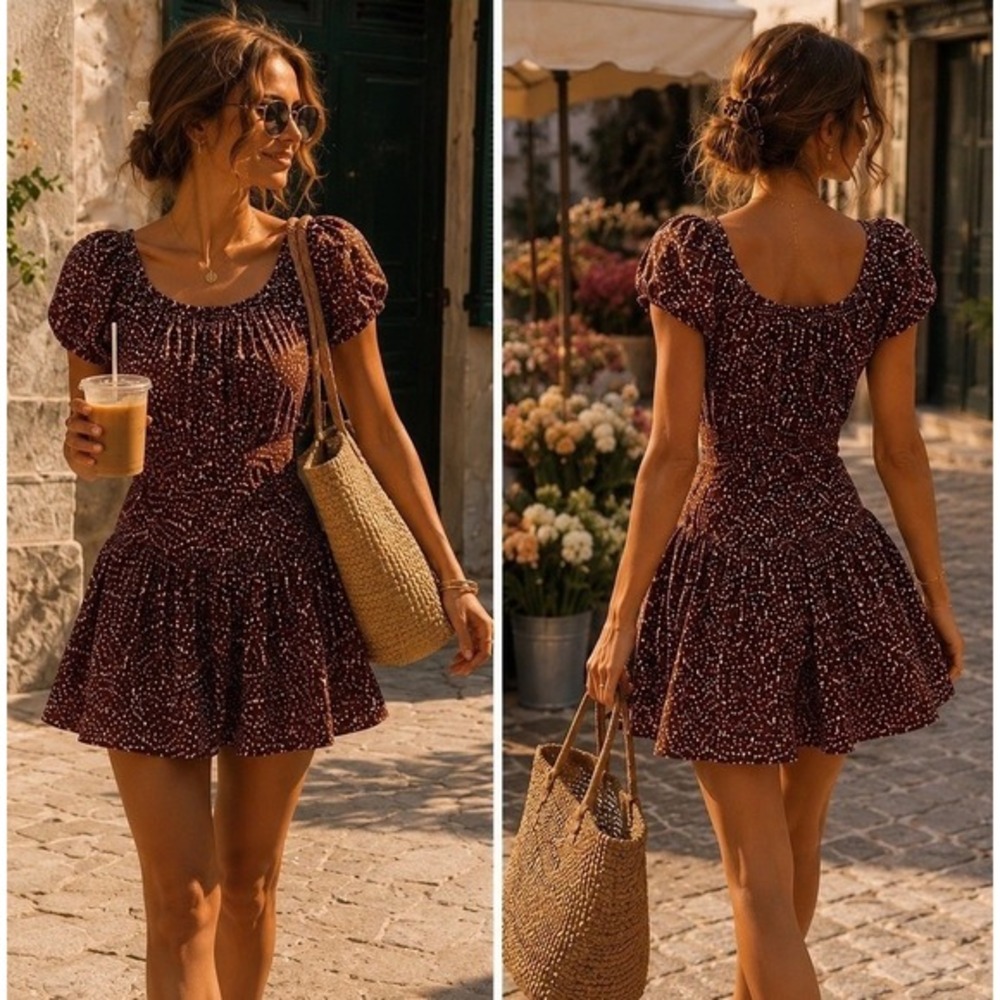 J. Crew‎ Mocha Floral Puff Sleeve Mini Dress Size 2 Romantic European Summer